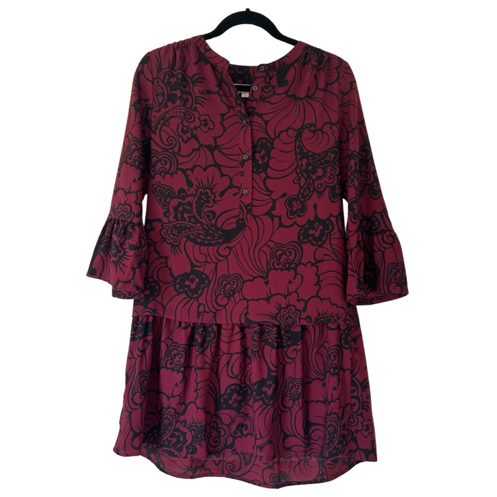 LOFT Dress Burgundy Red Paisley Floral Drop Waist Bell Sleeves Mini Size XS
